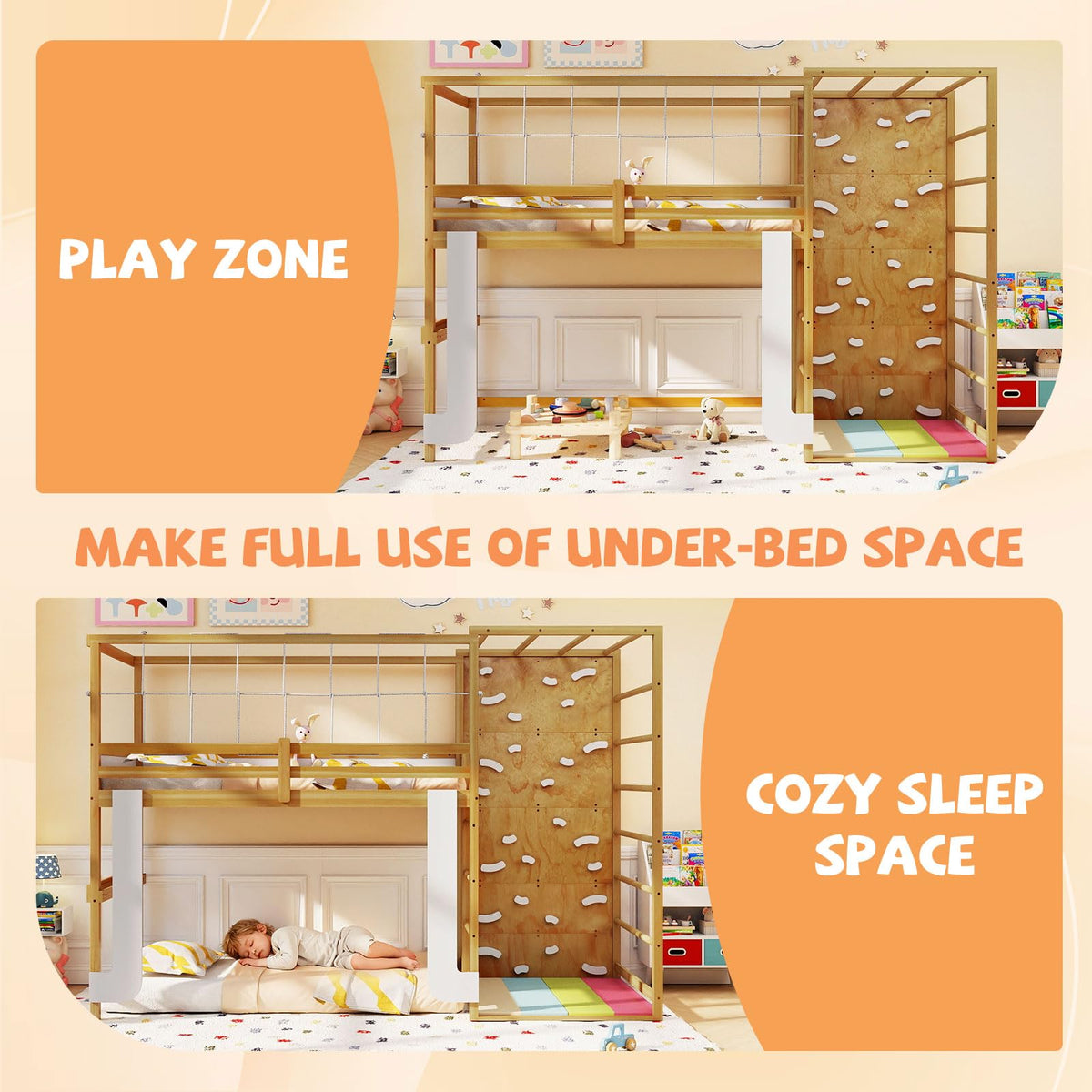 Goflame Twin Bunk Bed with Jungle Gym Wooden Loft Bed with Climbing Ladder
