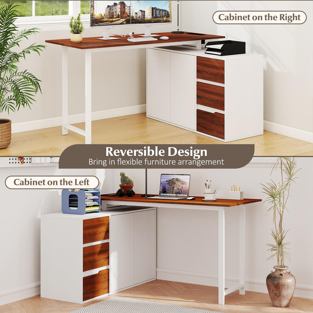 54.5” L Shaped Computer Desk with Power Outlet, Reversible Corner Desk with File Cabinet and 3 Drawers