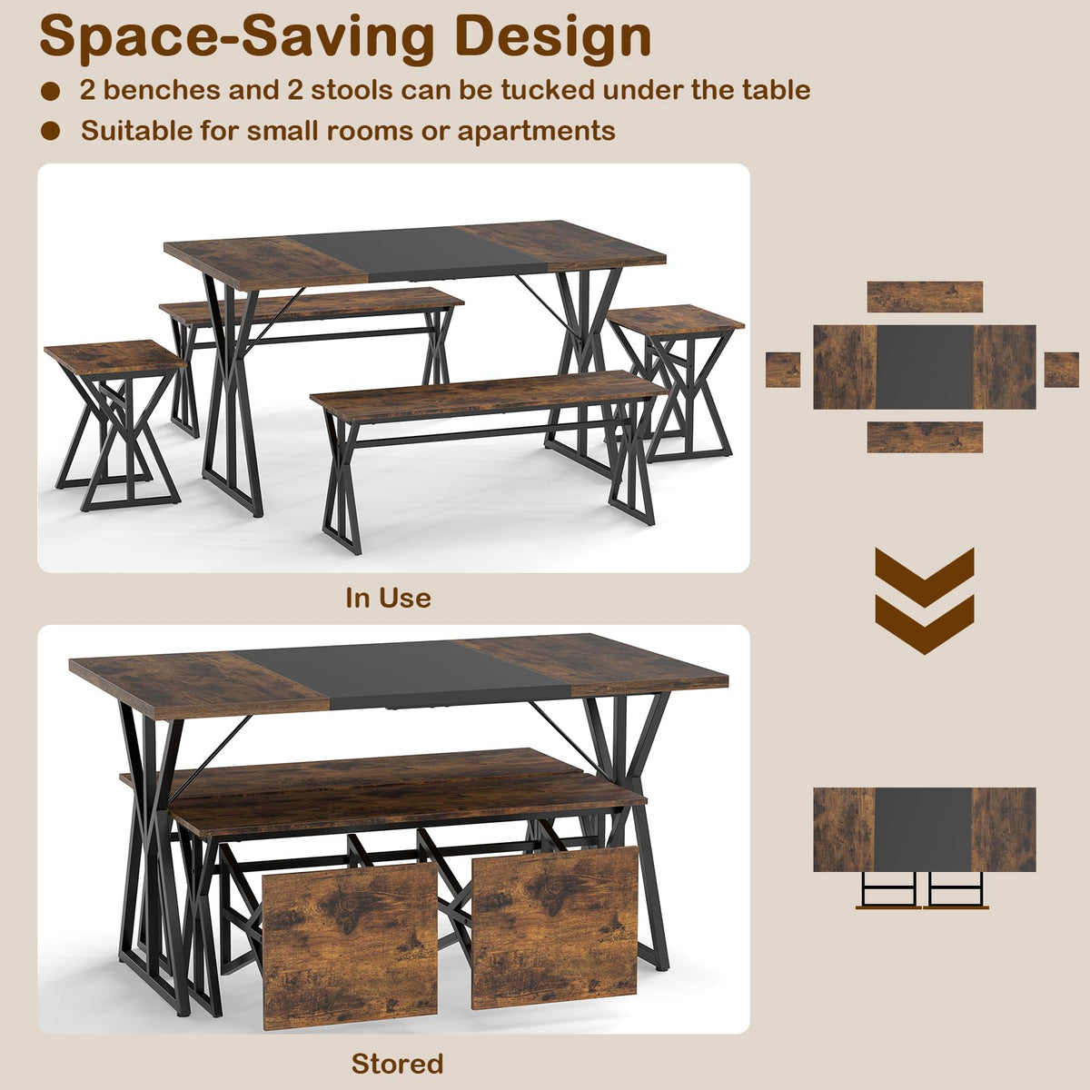 Goflame 55" Kitchen Table with 2 Benches & 2 Stools with X-Shaped Metal Frame