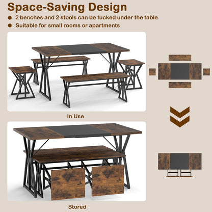 Goflame 55" Kitchen Table with 2 Benches & 2 Stools with X-Shaped Metal Frame