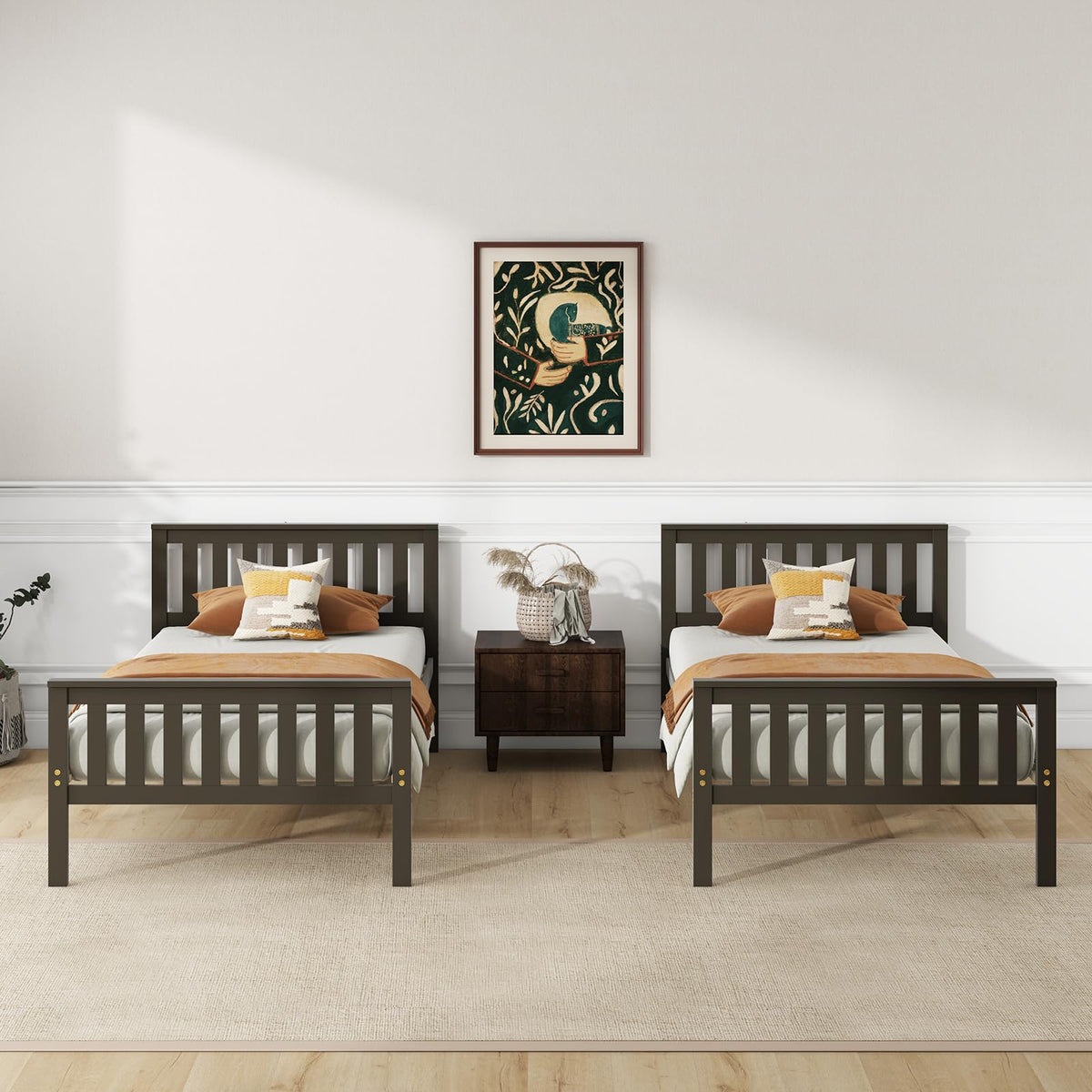 Goflame Queen/Full/Twin Size Wood Bed Frames with Headboard, Mid Century Platform Bed with Wooden Slats Support