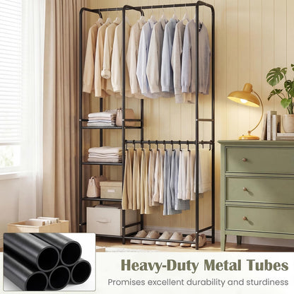 Goflame Heavy-Duty Metal Clothing Rack with 2 Hanging Rods & 4 Storage Shelves