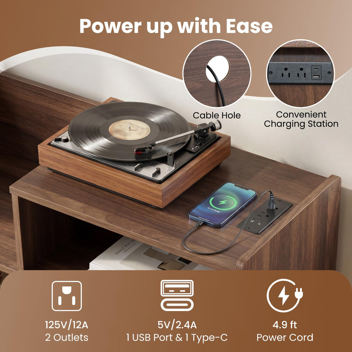 Goflame Record Player Stand with LED Light and Power Outlets Large Turntable Stand with Sliding Door