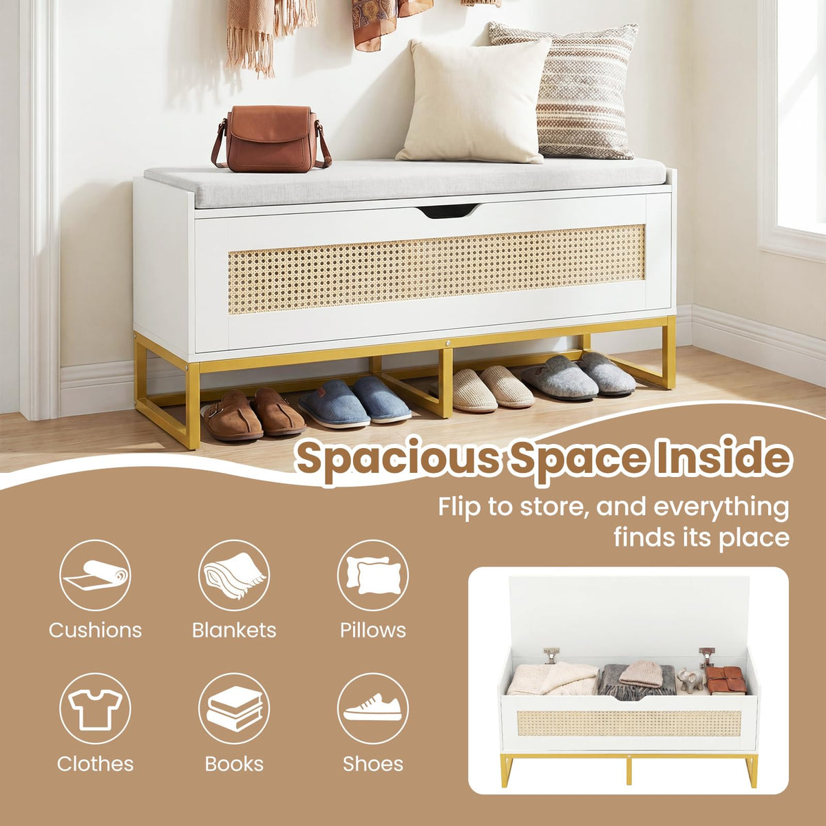 Goflame Flip-Top Entryway Bench with Removable Padded Seat & Hidden Storage