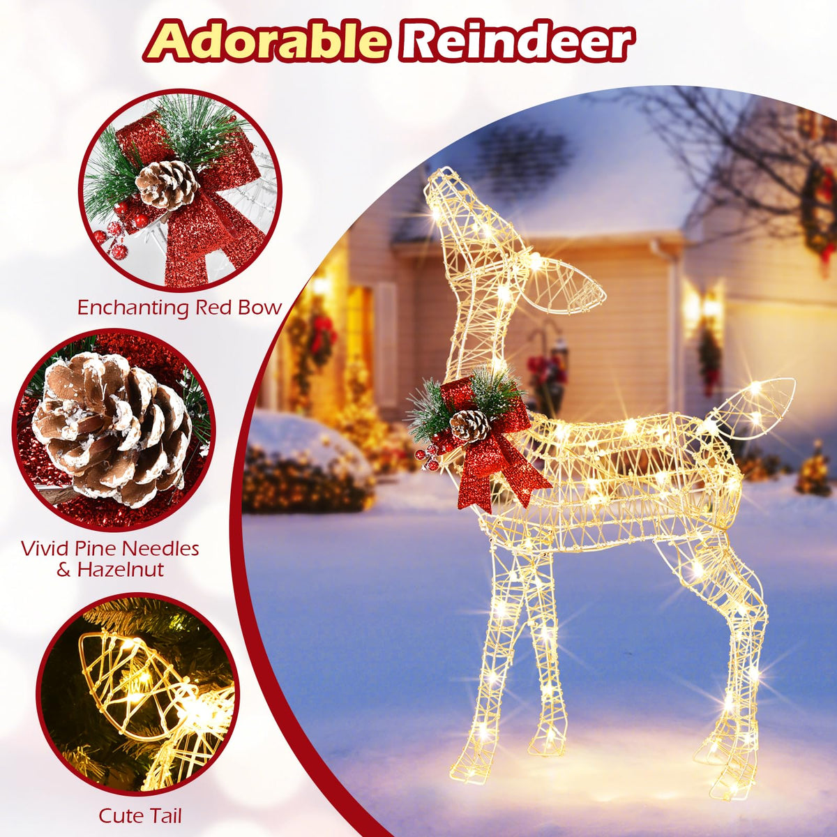 Goflame Christmas Pre-Lit Reindeer, Lighted Baby Deer w/ 50 Warm White LED Lights & Red Bow