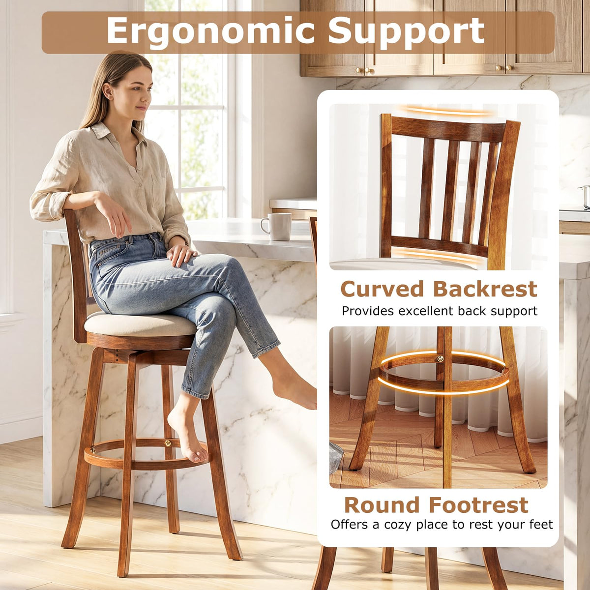 Goflame 30.5" Swivel Bar Stools Set of 2/4 with Rubber Wood Legs & Footrest & Upholstered Seat