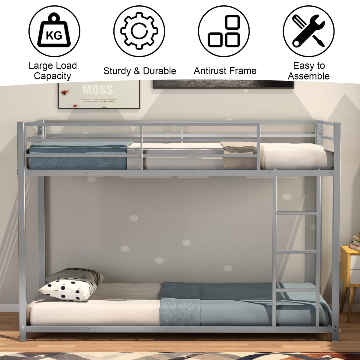 Goflame Metal Bunk Bed Twin Over Twin, Low Profile Bunk Bed Frame with Ladder & Full Length Guardrail