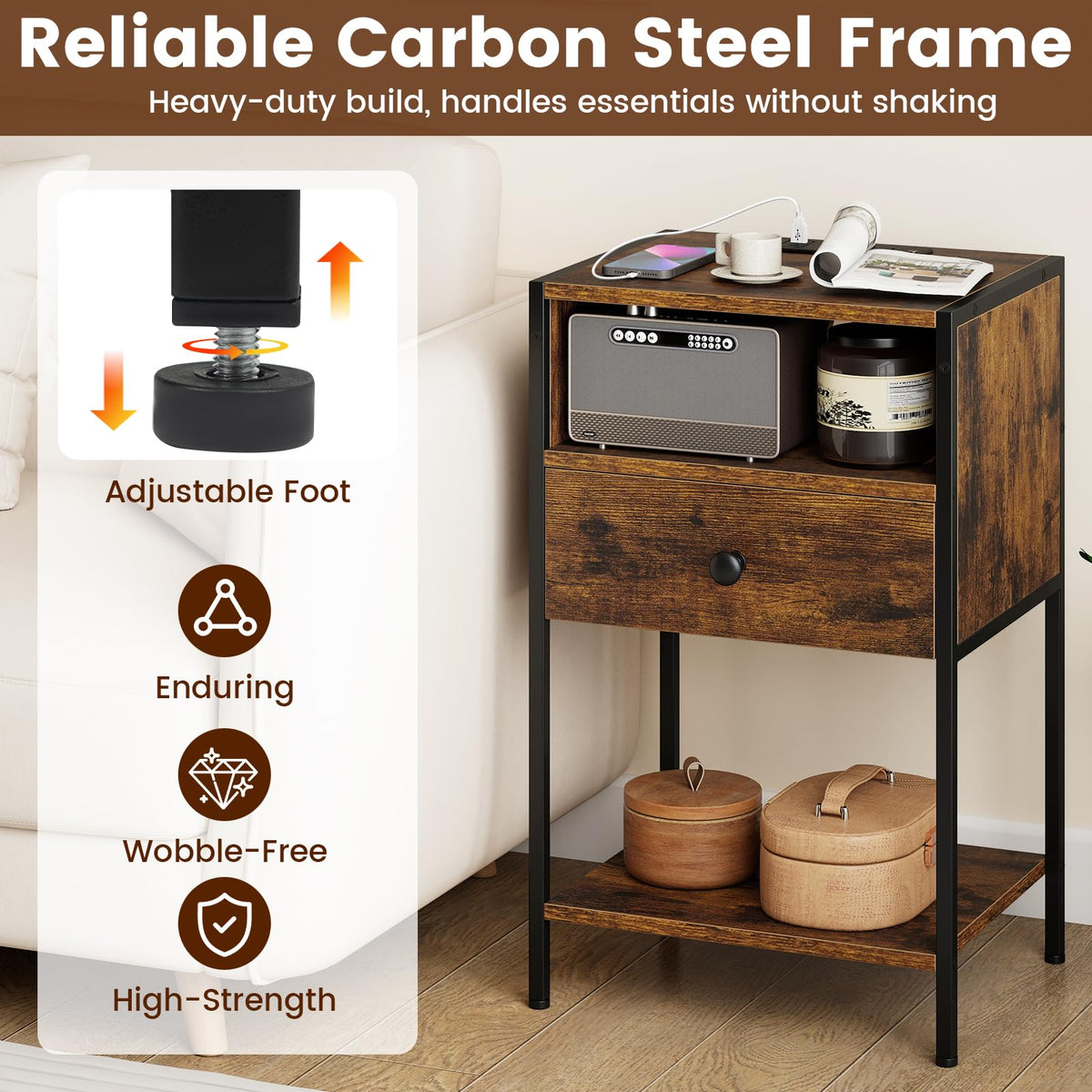 Goflame Night Stand with Charging Station for Bedroom Small Spaces
