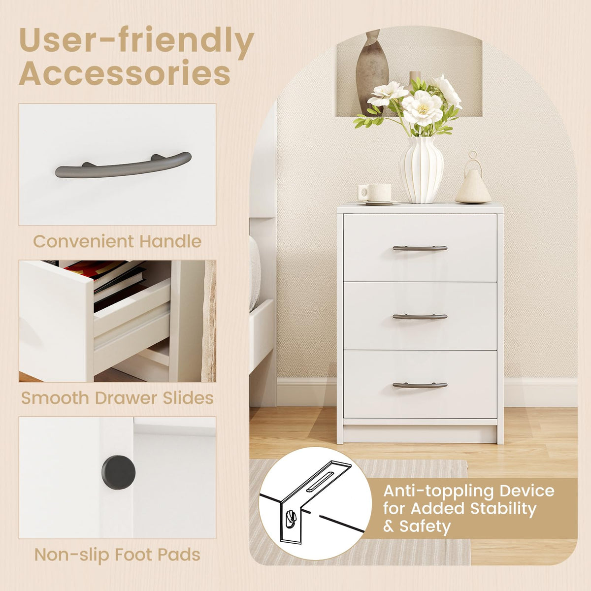 Goflame Nightstand with 3 Drawers, Modern Night Stand with Storage Drawers, White