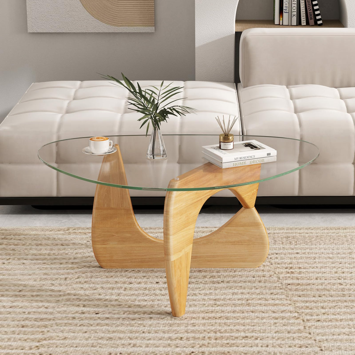Goflame Triangle Glass Coffee Table, Solid Wood Tea Table with Tempered Glass Top & Adjustable Base