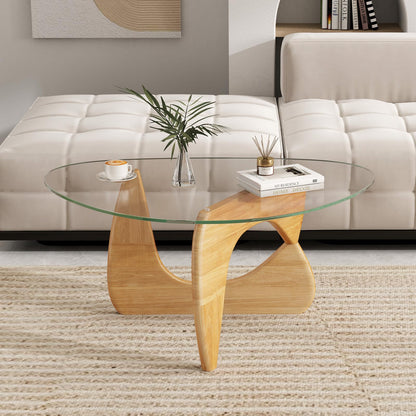 Goflame Triangle Glass Coffee Table, Solid Wood Tea Table with Tempered Glass Top & Adjustable Base