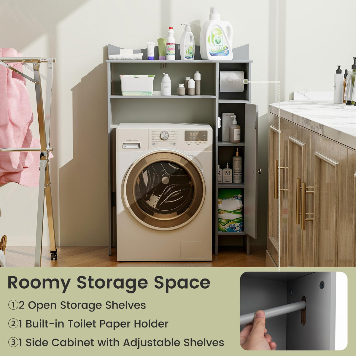 Goflame Over-The-Toilet Storage Cabinet, Bathroom Freestanding Space Saver with 1-Door Side Storage Cabinet & Paper Holder