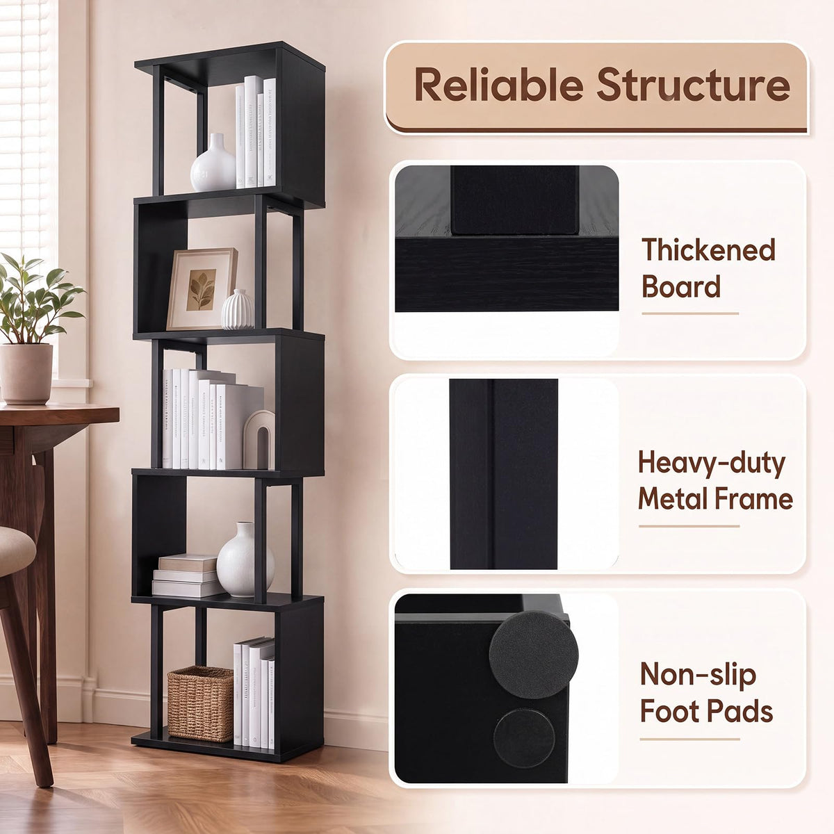 Goflame 5-Tier S-Shaped Wood Bookcase w/Metal Frame (1/2)