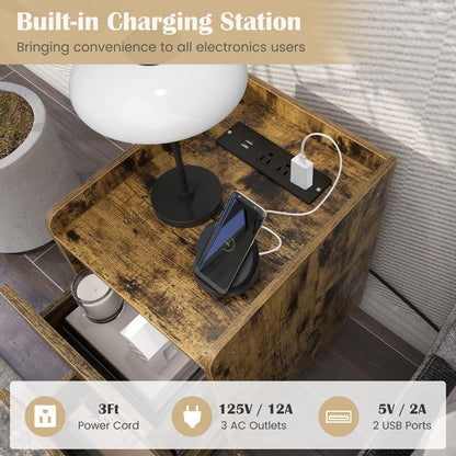 Goflame Nightstand with Charging Station, Narrow End Table with 2 Drawers & Metal Gold Legs