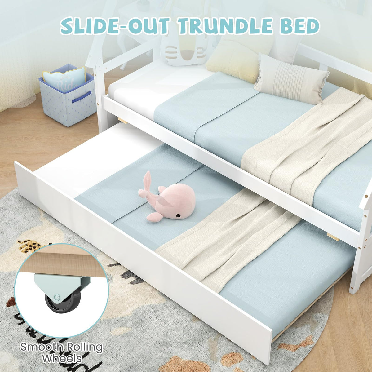 Goflame Twin House Bed with Trundle, Wood Montessori Tent Bed Frame with Safety Guardrail