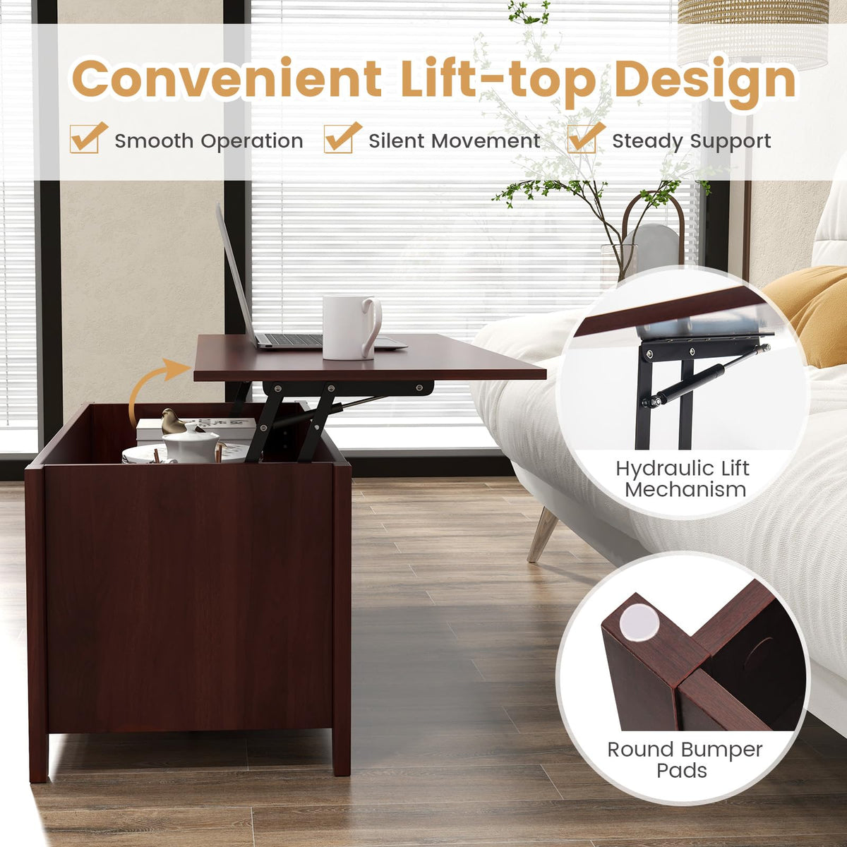 Goflame Lift Top Coffee Table - Rectangular Wooden Table w/Hidden Compartment & Open Storage Shelves