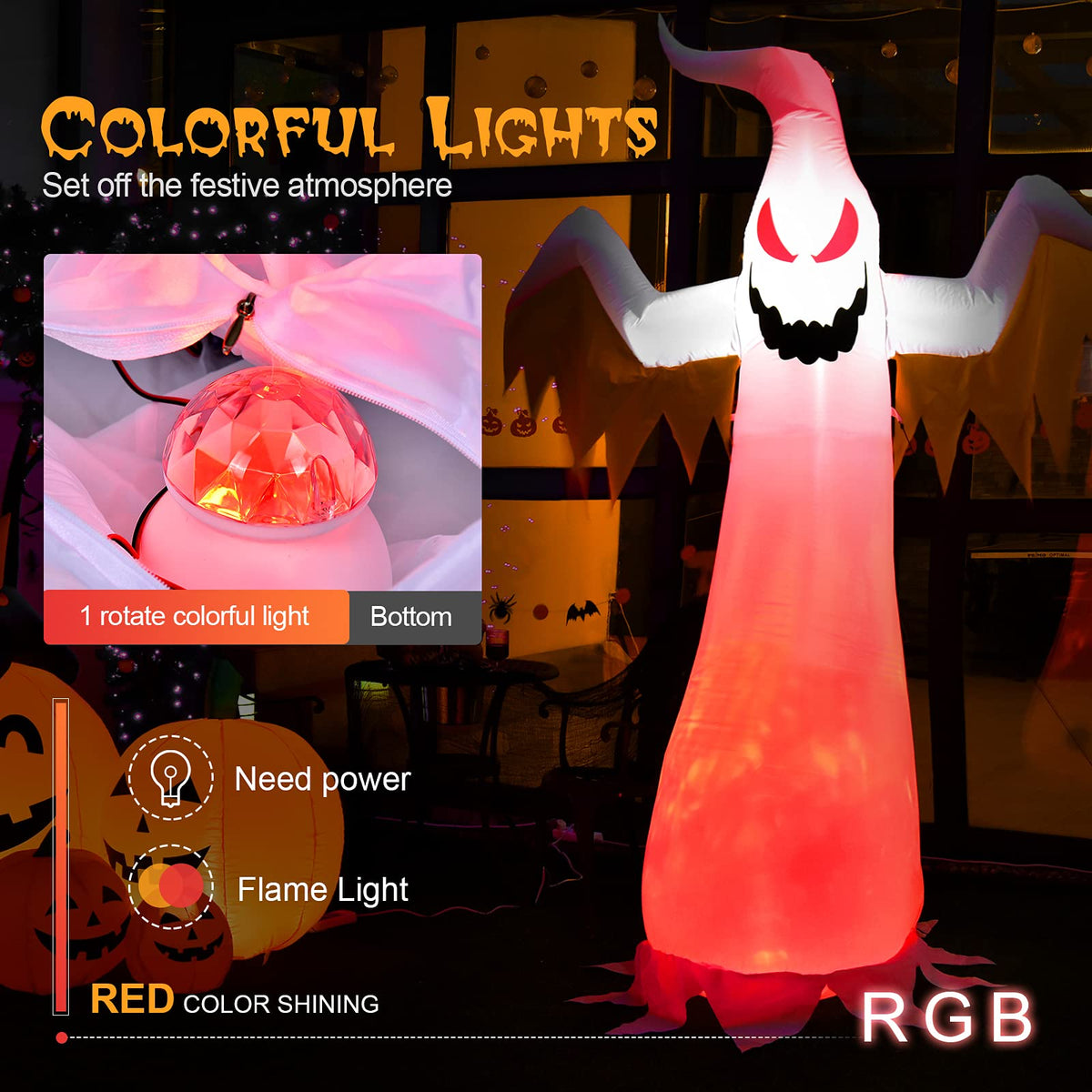 8 FT Halloween Inflatable White Ghost W/ Rotatable Flame LED Lights, Air Blower, Stake, Sandbag