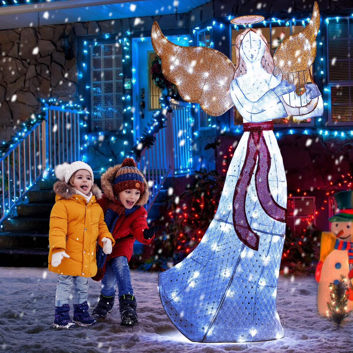 Goflame 5 FT Christmas Lighted Angel, Pre-Lit Winged Holiday Figure Angel with 120 Cold White LED Lights