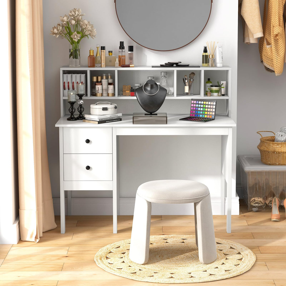 Goflame White Desk with Drawers and Power Outlet, 48" Home Office Computer Desk with 5-Cubby Hutch