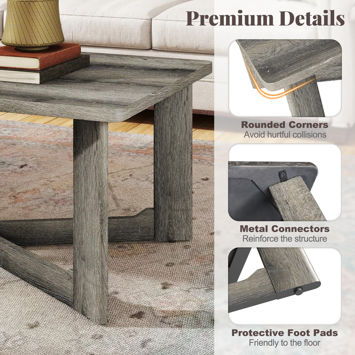 Goflame Farmhouse Wood Coffee Table Rectangle Center Table with X-Shaped Base & Rubber Wood Frame