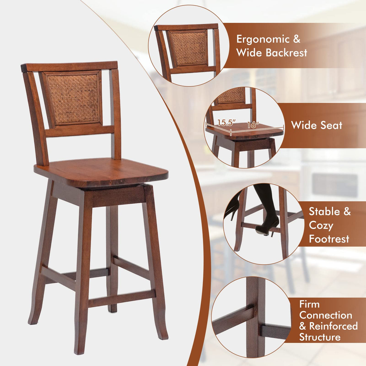 Goflame 24.5 Inch Counter Height Bar Stool with Rattan Back