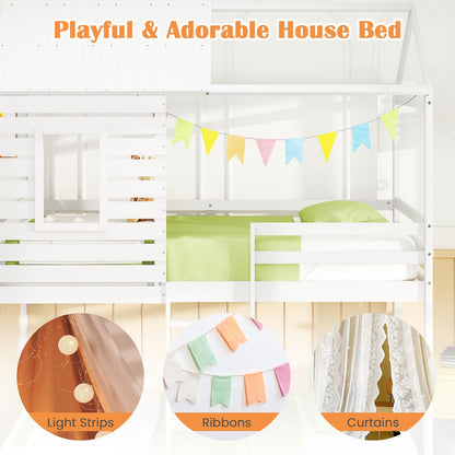 Goflame White Wood Bunk Bed Twin Over Twin with Ladder and Guardrail