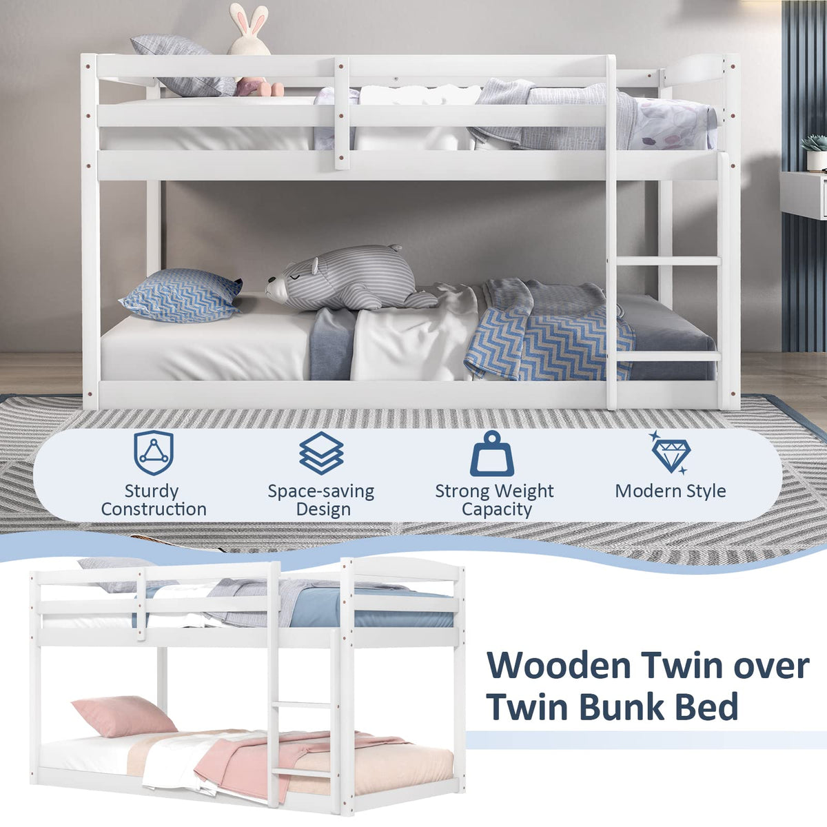 Goflame Solid Wood Twin Over Twin Bunk Bed Frame