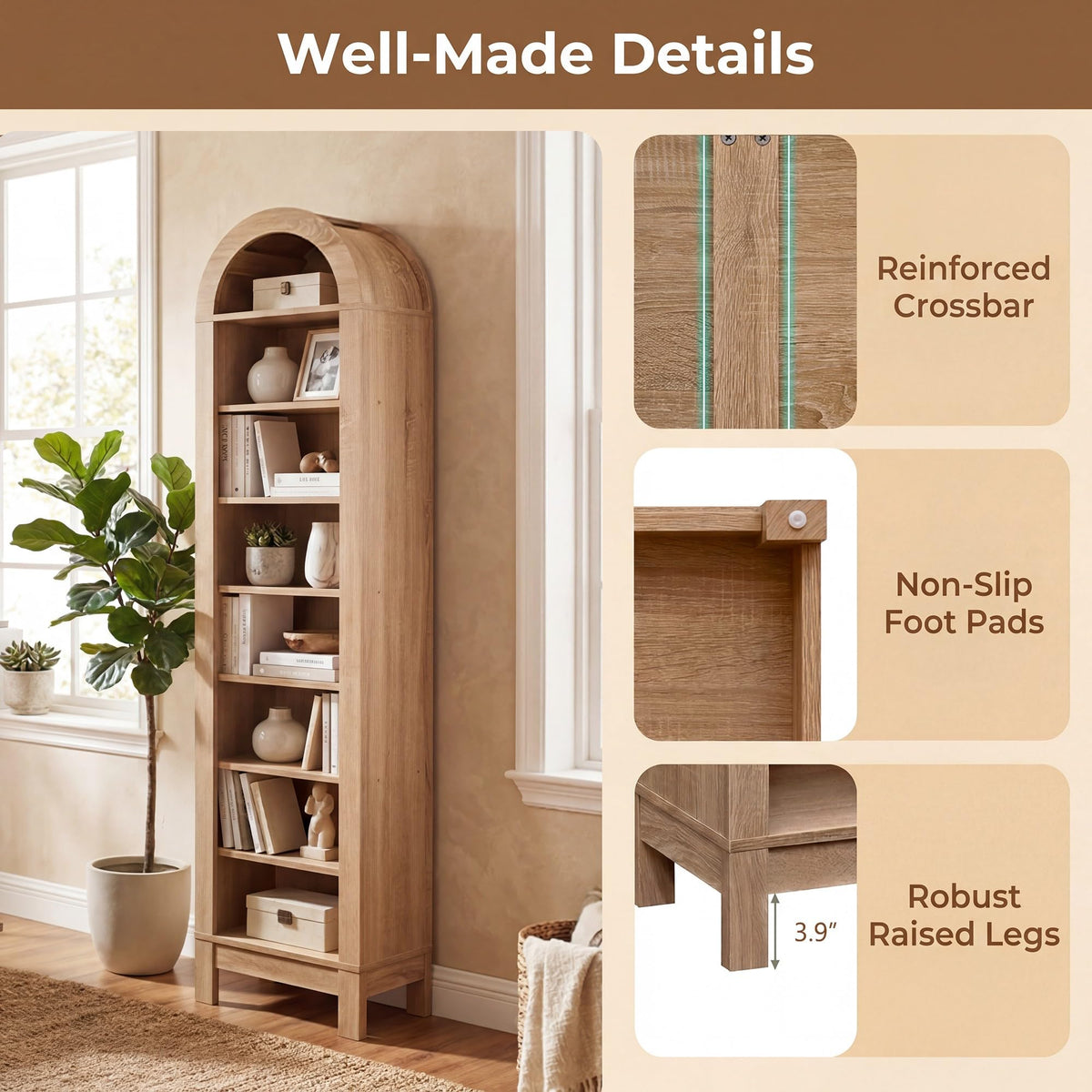Goflame 71" Tall 8-Tier Arched Modern Bookshelf with 3 Adjustable Shelves (1/2)