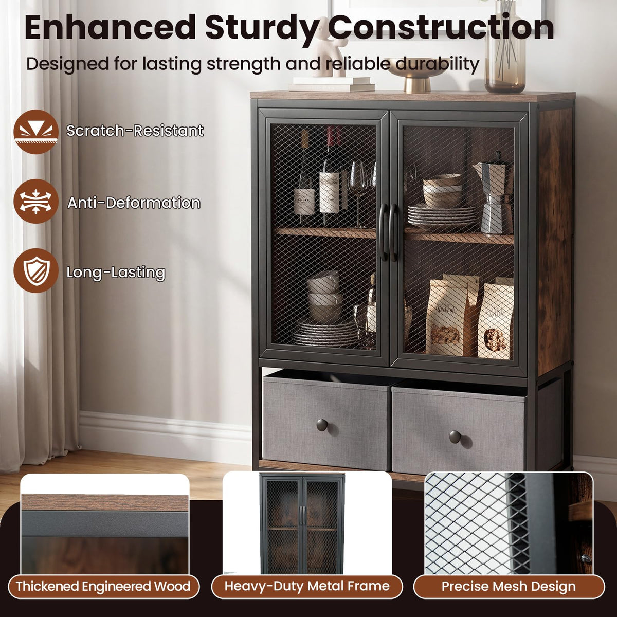 Goflame Industrial Coffee Bar Cabinet with Adjustable Shelves & 2 Removable Cloth Drawers