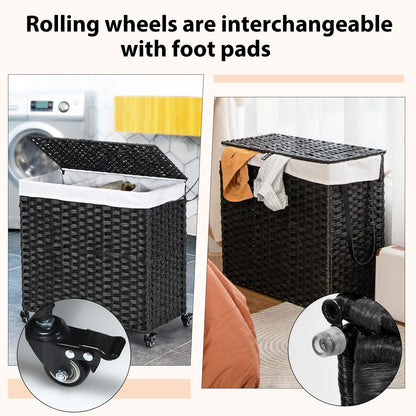 Goflame Laundry Hamper w/Wheels, 3 Section Hamper 125L w/2 Removable Liner Bags