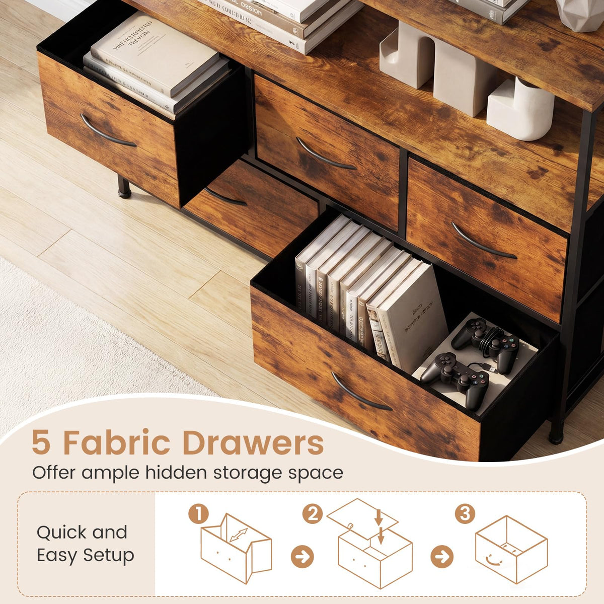 Goflame TV Stand for 45 Inch TV | 5 Fabric Drawer Entertainment Center with Open Shelf