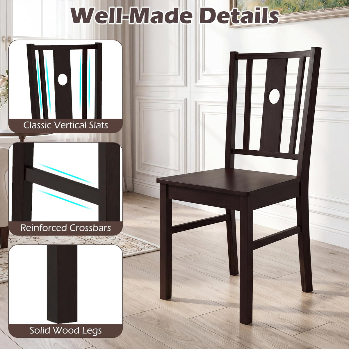 Goflame Solid Rubber Wood Kitchen Chairs with Slatted Curved Backrest & Wide Seat (2/4)