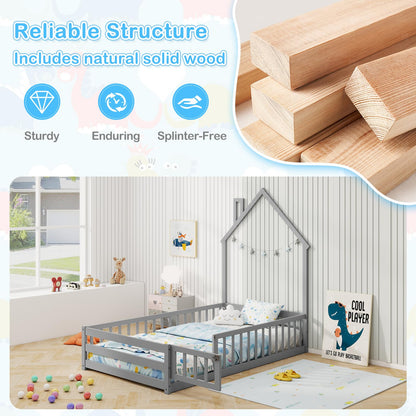 Goflame Twin Floor Bed, House-Shaped Montessori Bed Frame with Headboard, Full-Length Guardrail