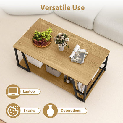 Goflame Rectangle Coffee Table 2-tier Industrial Accent Table with Storage Shelf and Compartment