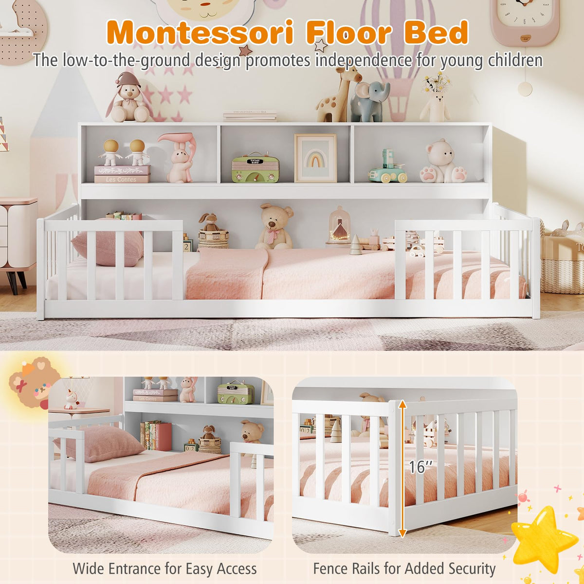 Goflame Wooden Montessori Bed Frame with Bookcase
