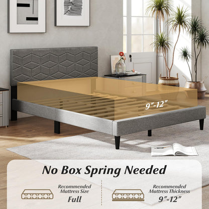 Goflame Queen/Full/Twin Size Upholstered Bed Frame Modern Platform Bed with Linen Fabric Geometric Headboard