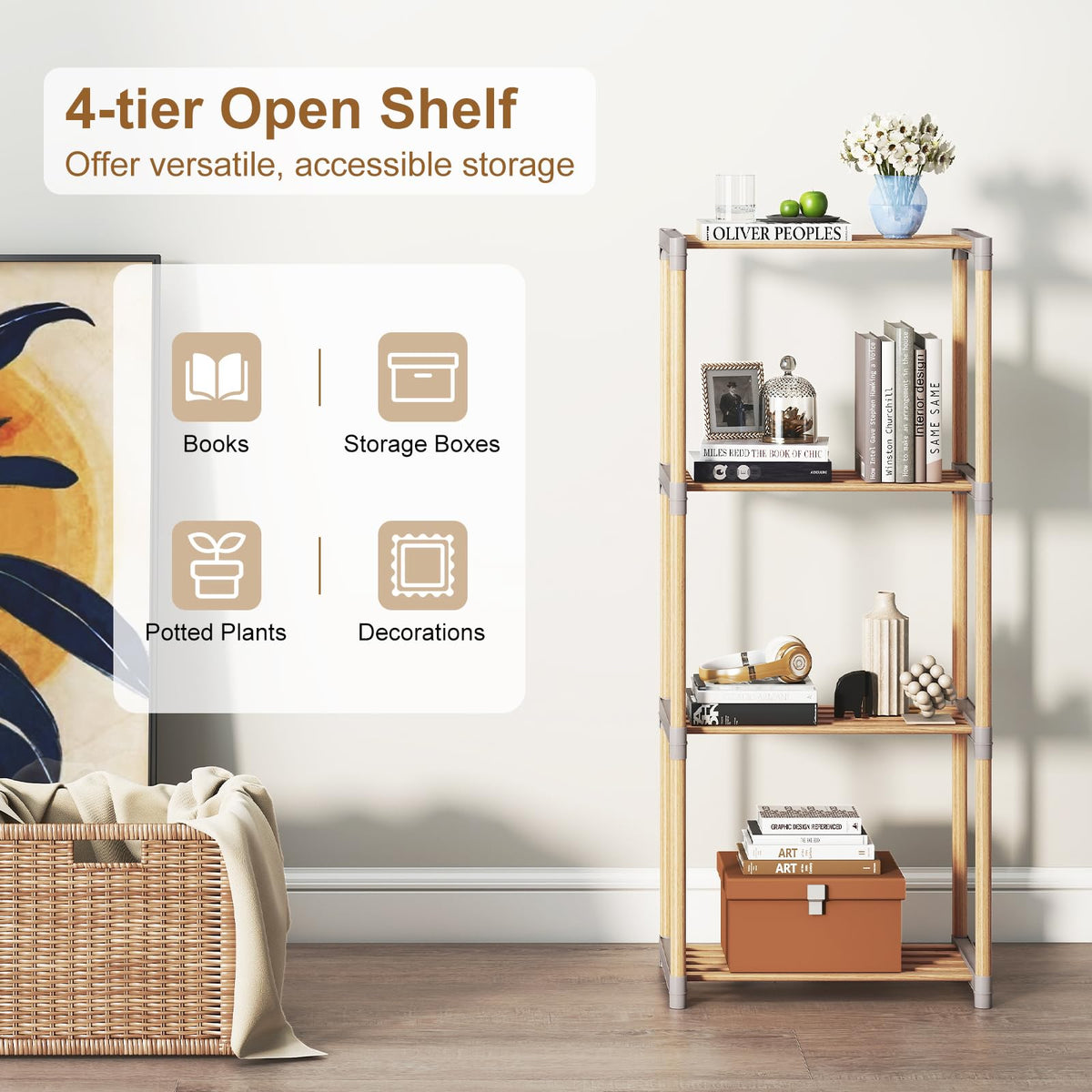Goflame 4-Tier Bookshelf | Pine Wood Bookcase with Open Shelves