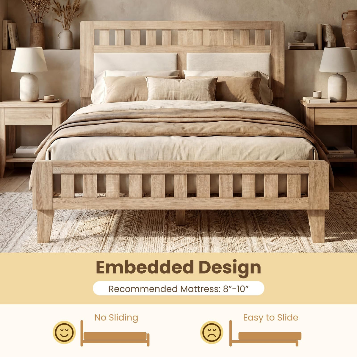 Goflame Mid-Century Wood Bed Frame with Upholstered Headboard (Full/Twin/Queen)