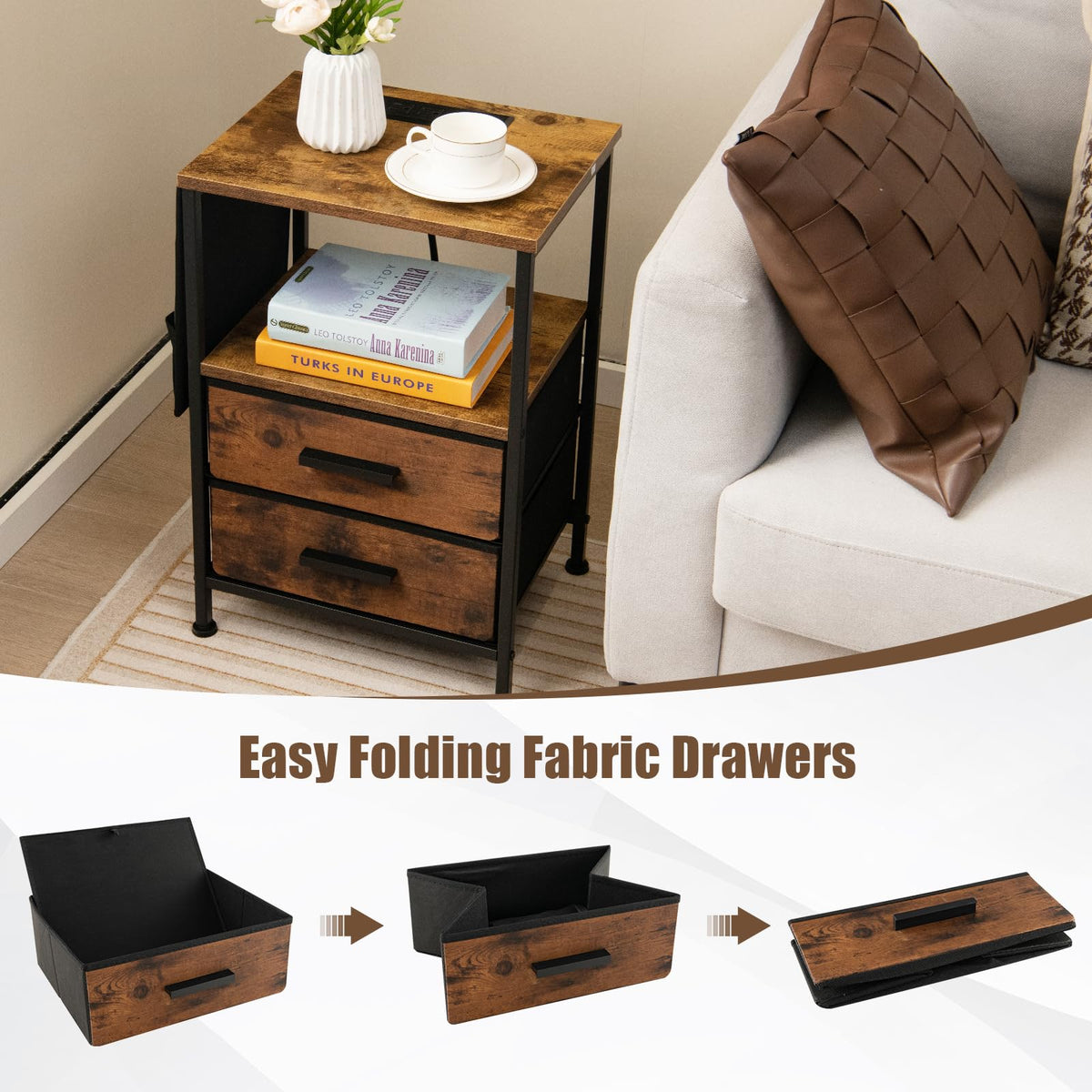 Goflame Nightstand with Charging Station, Industrial Bedside Table with 2 Fabric Drawers & 6 Storage Pockets