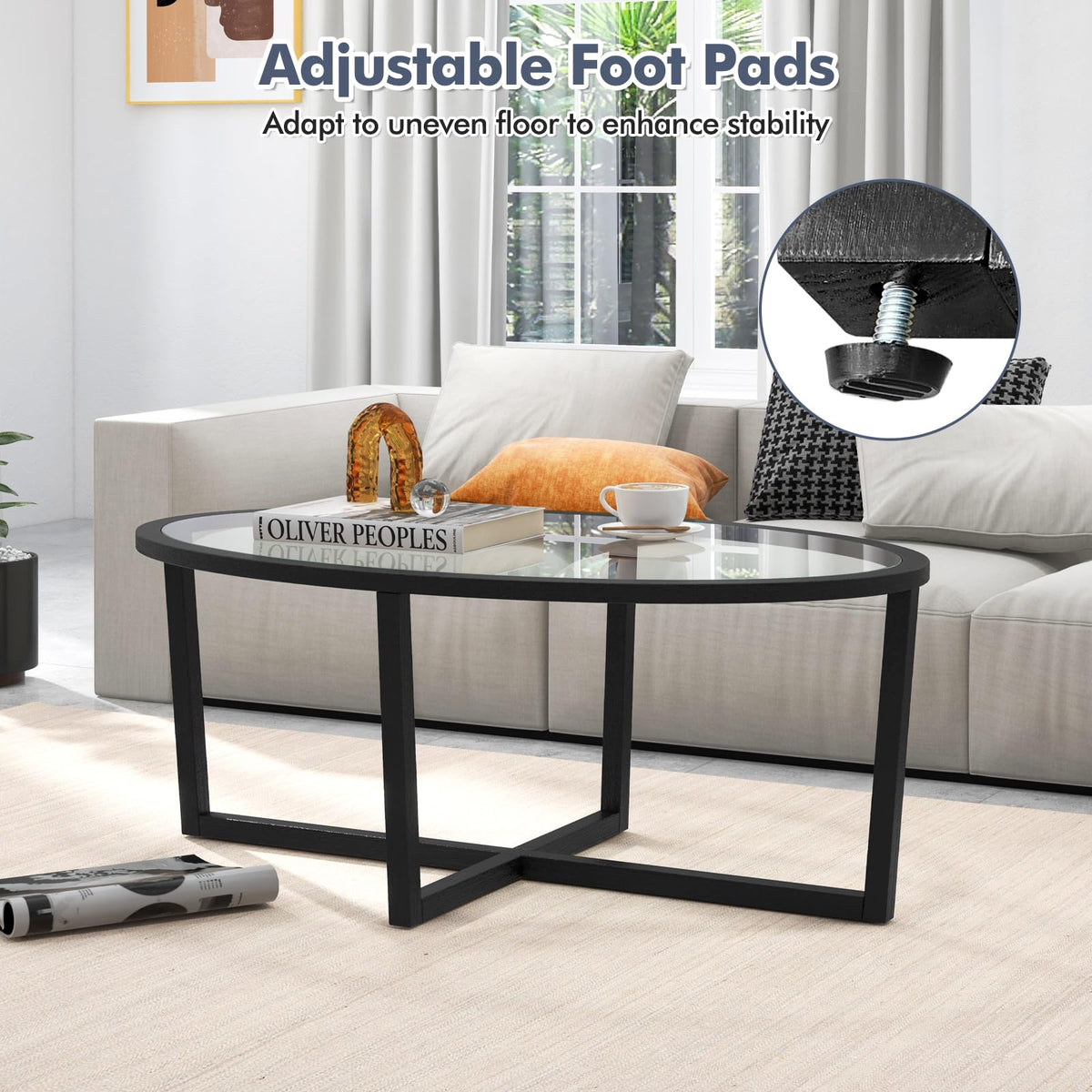 Goflame Glass Coffee Table, 46.5" Oval Accent Sofa Tea Table with Tempered Glass Top, Cross Base & Acacia Wood Legs