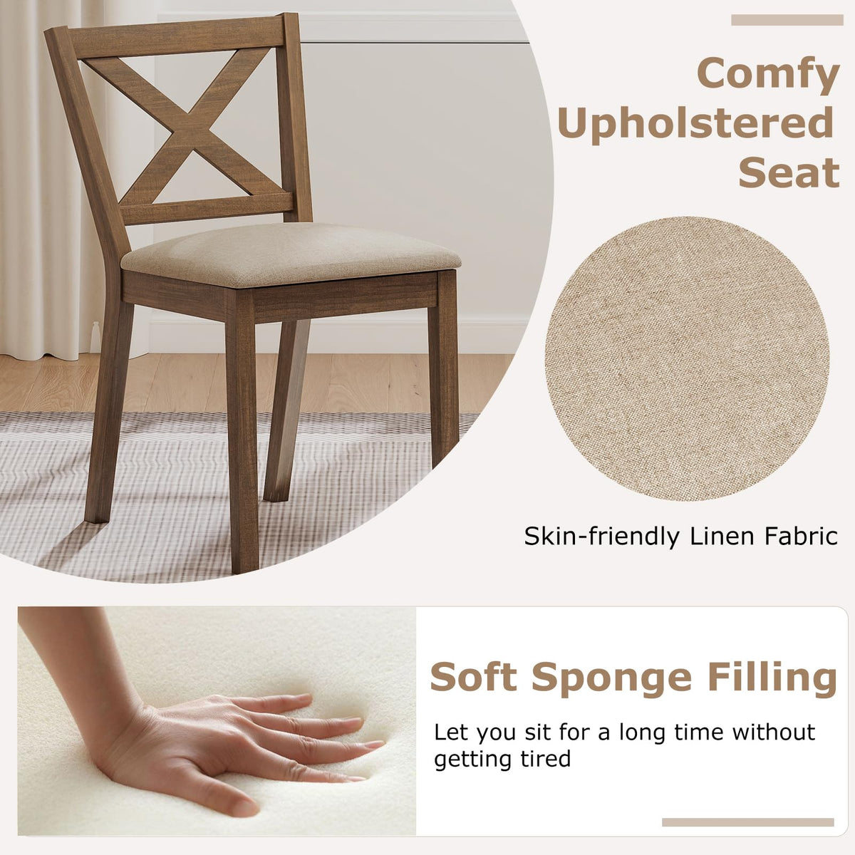 Goflame Wooden Dining Chairs Set of 2/4 with Rubber Wood Legs, Fabric Padded Seat Cross Back