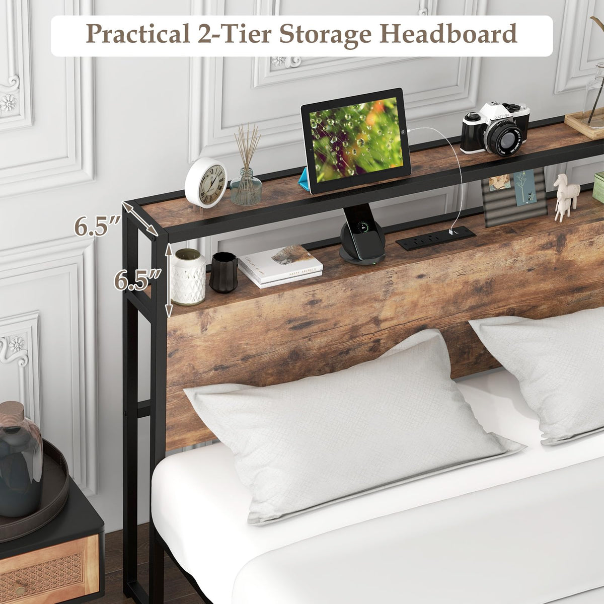 Goflame Full Bed Frame with Storage Headboard and Charging Station, with Outlets and USB Ports