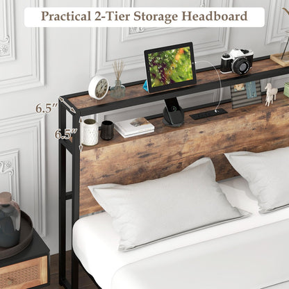 Goflame Full Bed Frame with Storage Headboard and Charging Station, with Outlets and USB Ports