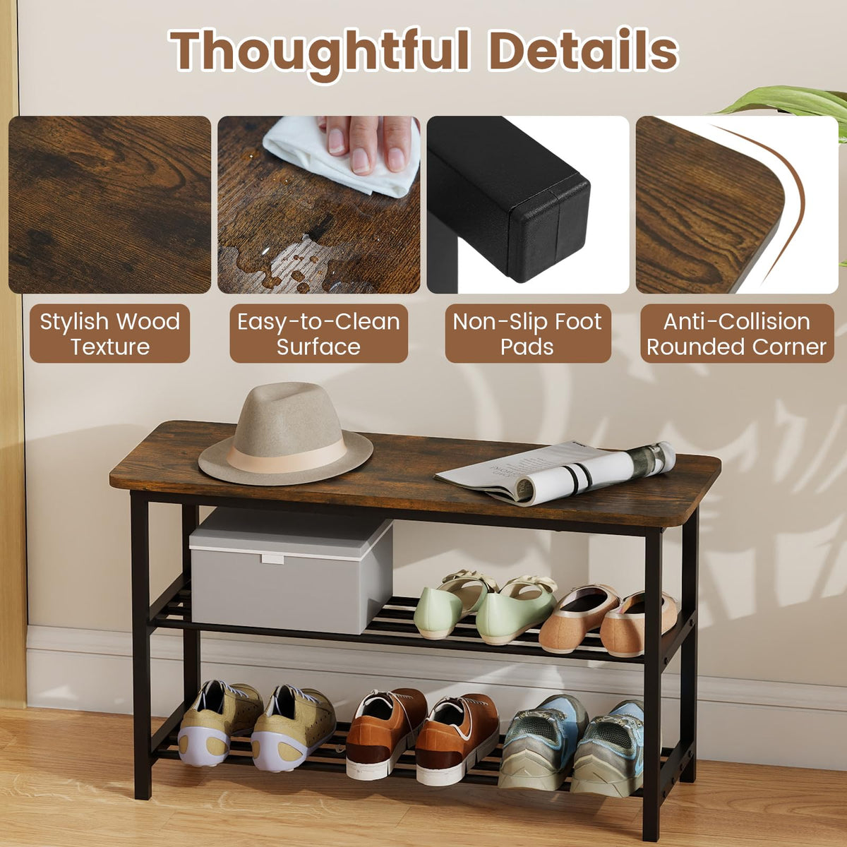 Goflame 3-Tier Shoe Bench 32" L Shoe Organizer Storage Bench with Metal Slat Shelves & Seat