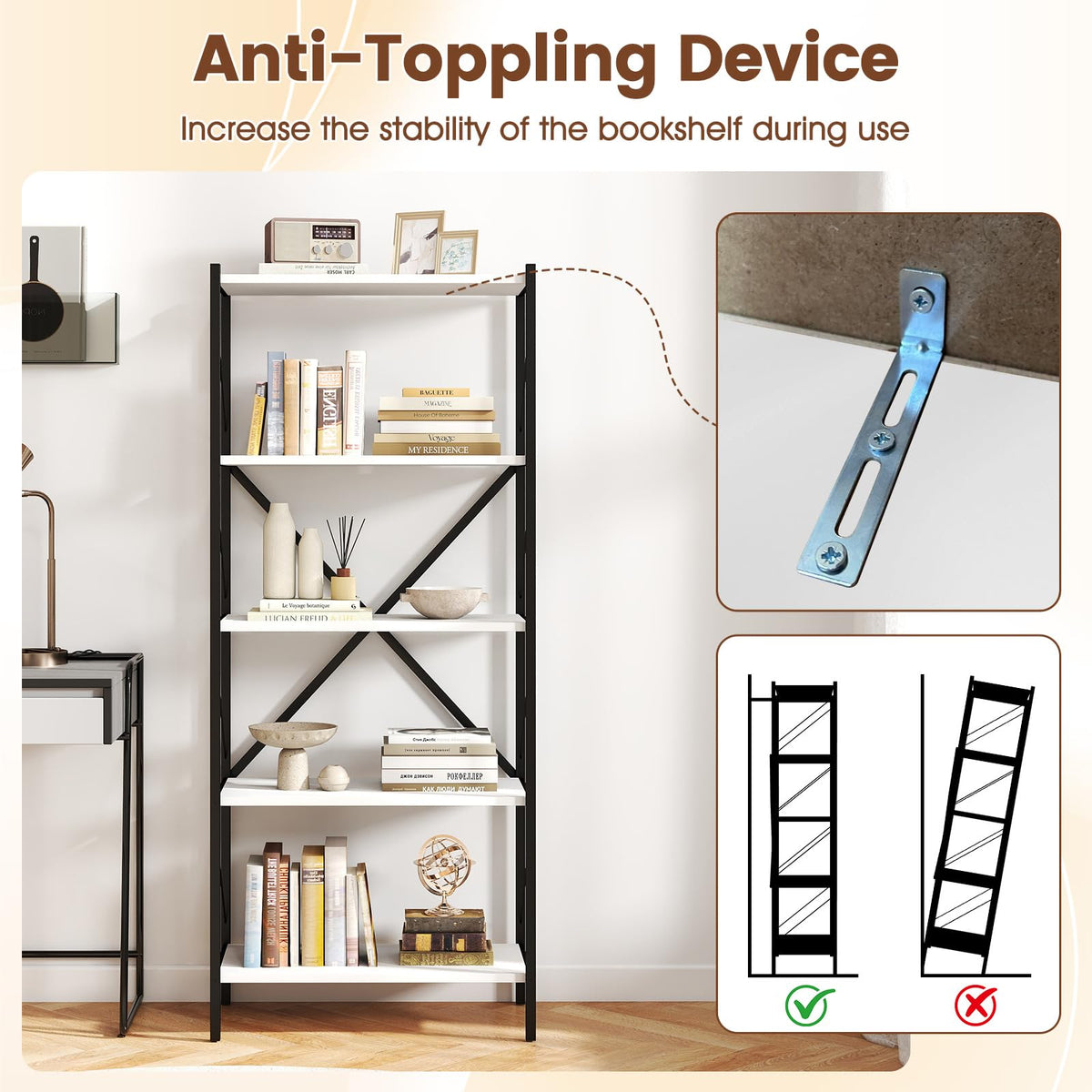 Goflame 5-Tier Tall Industrial Bookcase with Heavy-Duty Metal Frame (1/2)