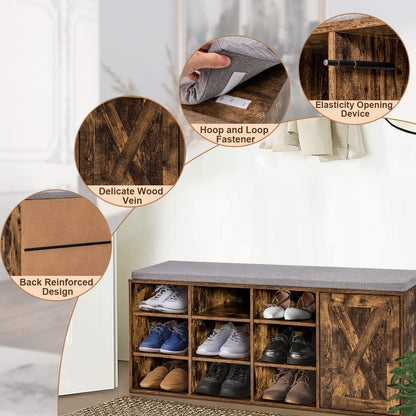 Goflame Shoe Bench, 3 Tier 9 Cubes Storage Bench with Adjustable Shelves (Rustic Brown)