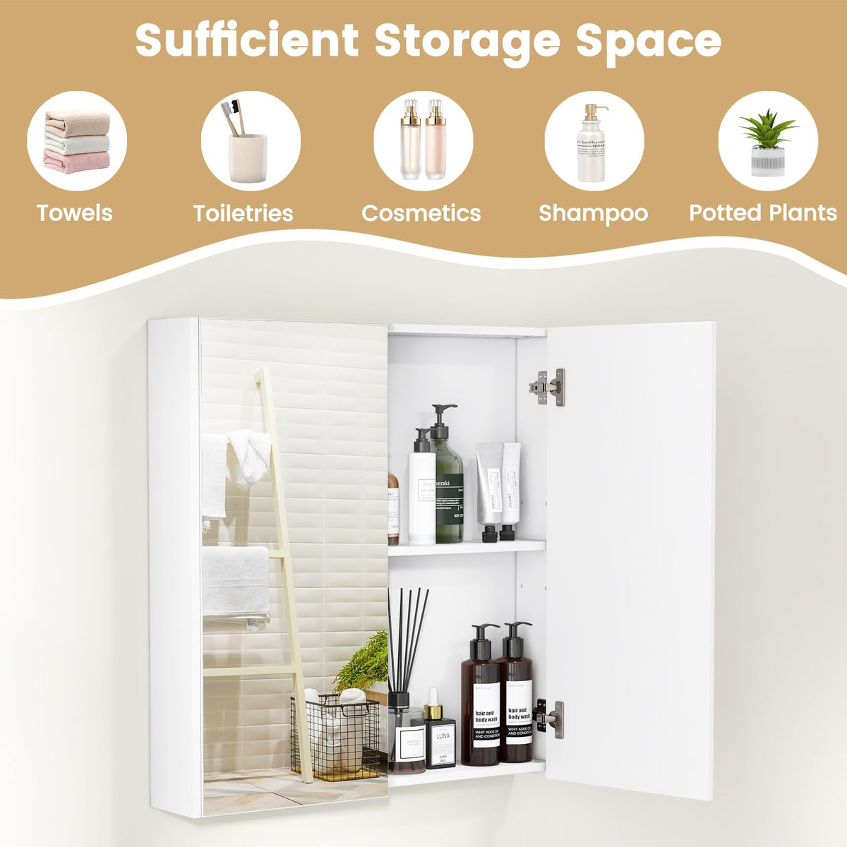 Goflame Medicine Cabinet, 24.5" x 25.5" Bathroom Wall Cabinet with 2 Mirror Door