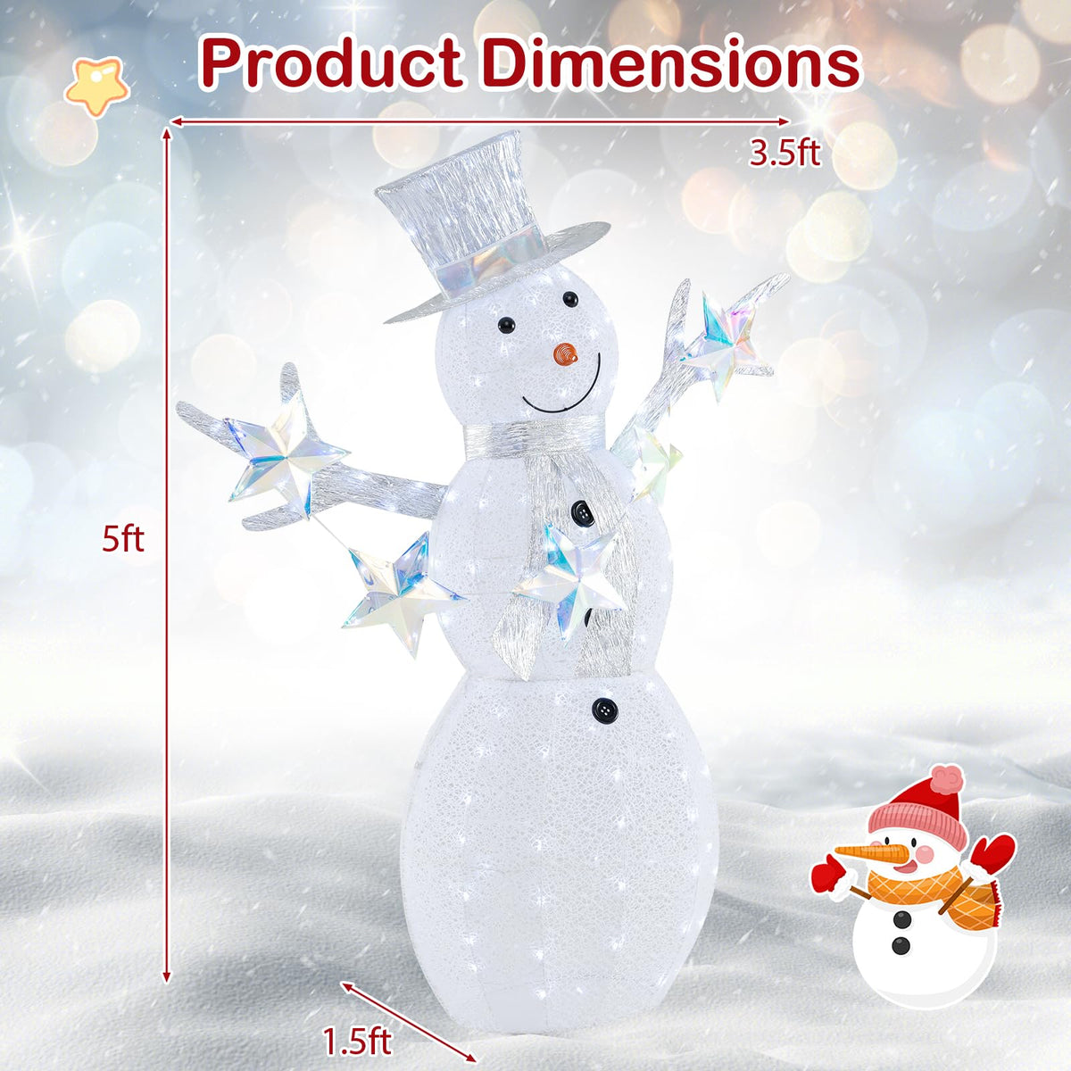 Goflame 5 FT Lighted Snowman Christmas Outdoor Decoration with Hat, Scarf & Stars