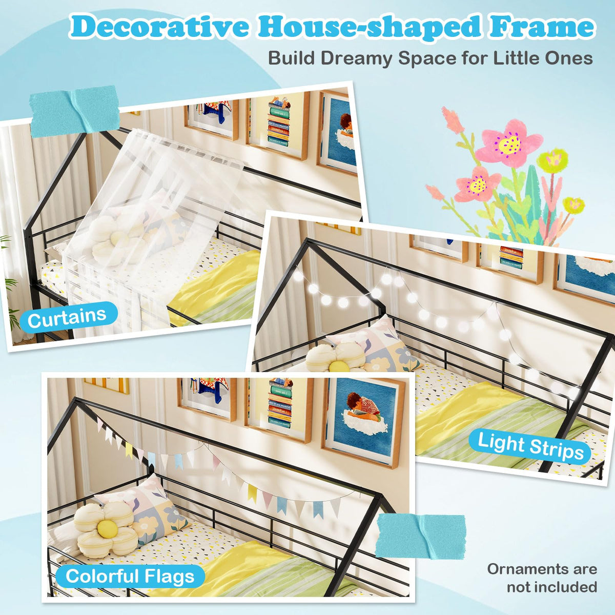 Goflame Twin Over Twin Bunk Bed with Slide & Ladder House-Shaped Metal Bunk Bed Frame with Safety Guardrail & Roof