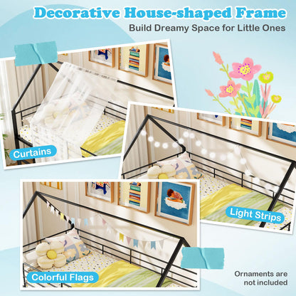 Goflame Twin Over Twin Bunk Bed with Slide & Ladder House-Shaped Metal Bunk Bed Frame with Safety Guardrail & Roof
